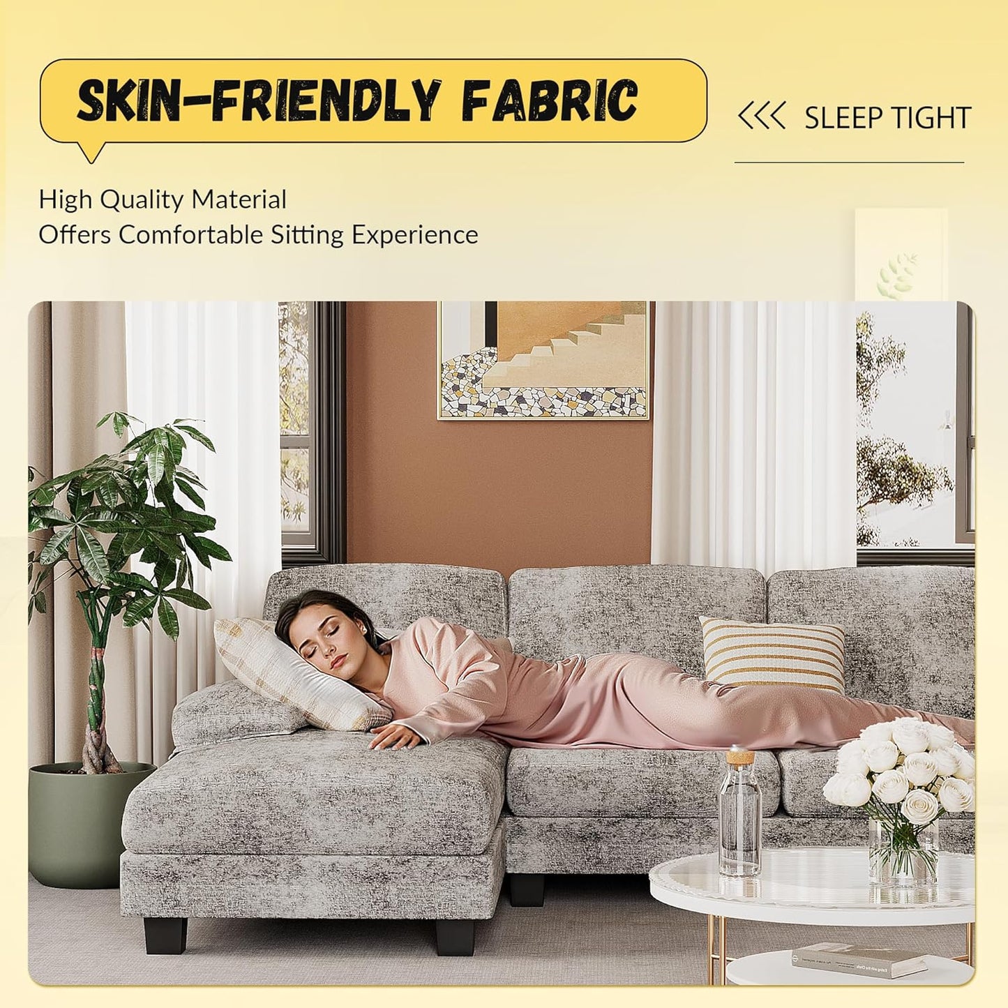 JUMMICO Sectional Couches for Living Room, U Shaped Couch with Chenille Fabric, 4 Seat Modern Sofa with Removable Pillows for Apartment and Small Space (Fabric, Grey)