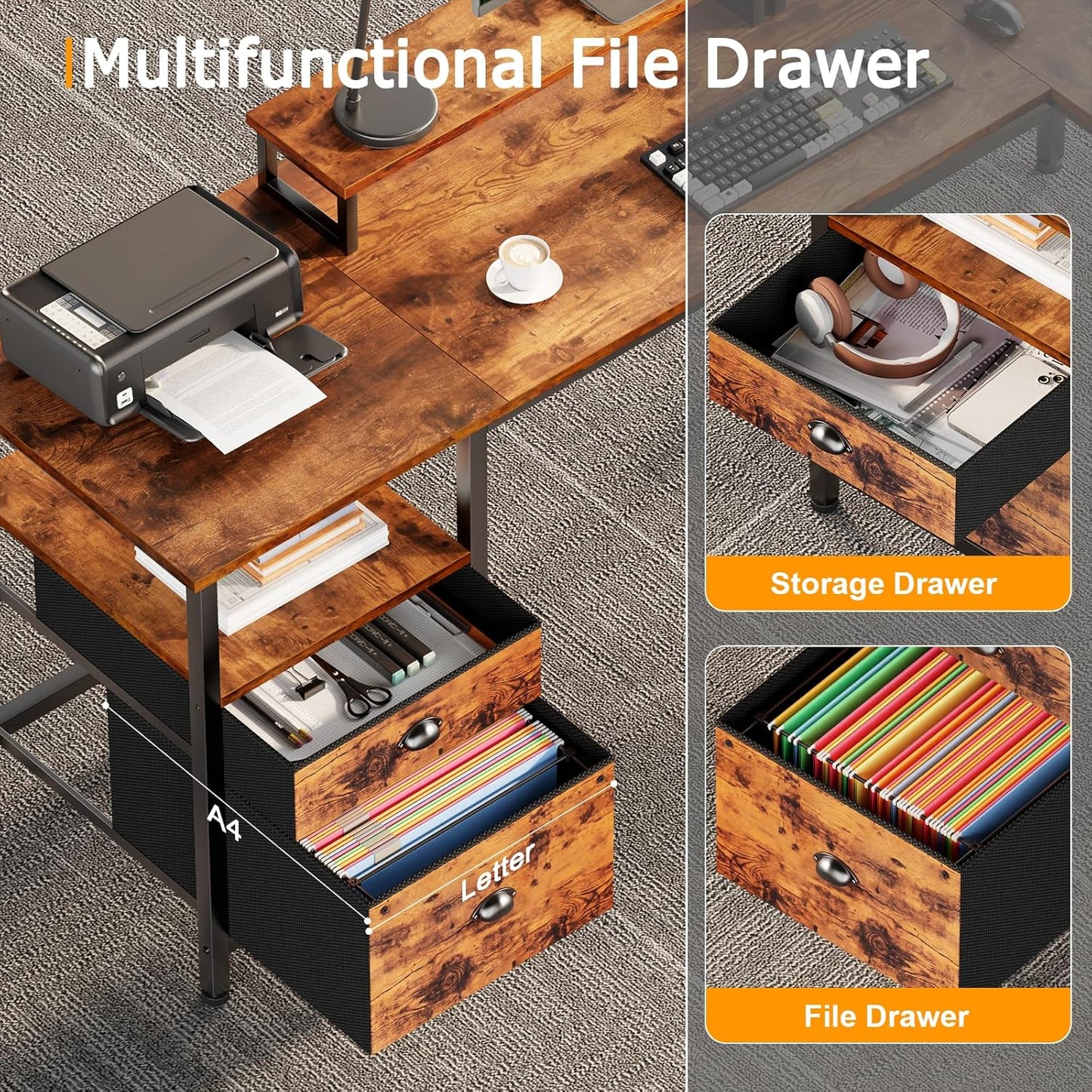 Furologee 66” L Shaped Desk with Power Outlet, Reversible Computer Gaming Desk with File Drawer & 2 Monitor Stands for Home Office with Storage Shelves, Rustic Brown