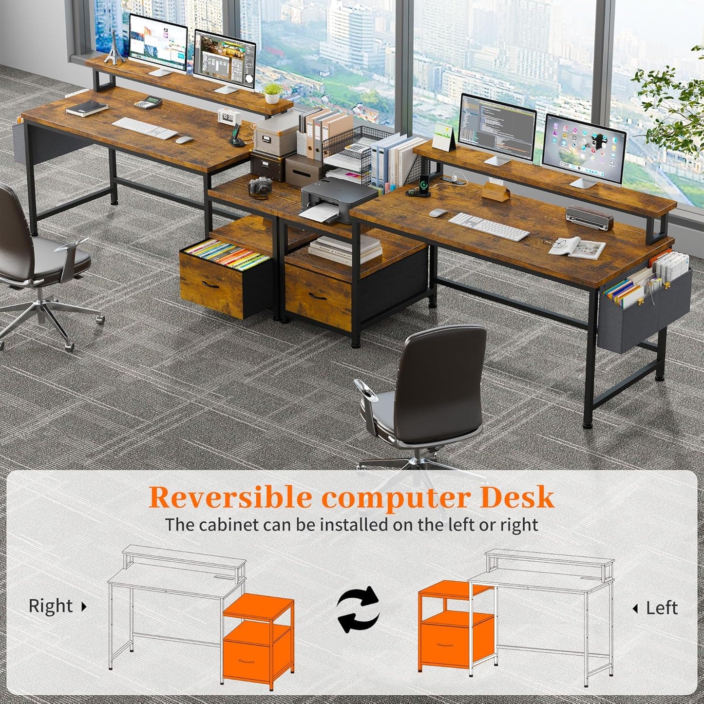 EnHomee 57" Office Desk with Drawers and Printer Space,Computer Desk with Power Outlets,Home Office Desks with File Drawers Cabinet,Study and Gaming Desk with Shelves Monitor Stand,Rustic Brown