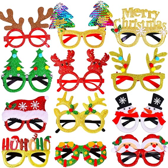 Max Fun 12Pcs Christmas Glasses Glitter Holiday Party Glasses Frames Christmas Decoration Accessories Costume Eyeglasses for Christmas Parties Holiday Favors (One Size Fits All)