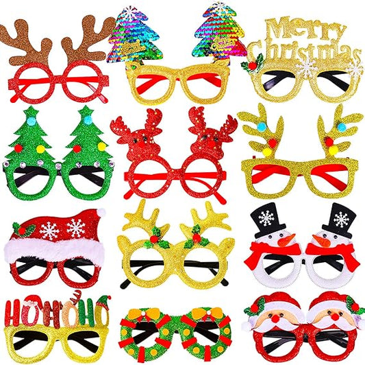 Max Fun 12Pcs Christmas Glasses Glitter Holiday Party Glasses Frames Christmas Decoration Accessories Costume Eyeglasses for Christmas Parties Holiday Favors (One Size Fits All)