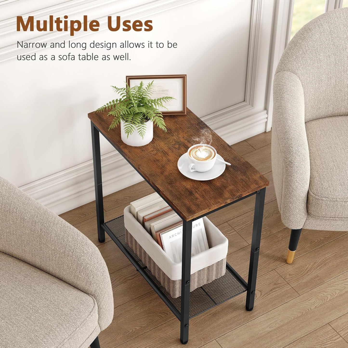 Hoctieon 2 Tier End Table, Sofa Side Table, Narrow Side Table with Storage, Slim Nightstand for Small Spaces, Metal Frame, for Living Room, Bedroom, Sofa Couch, Hall, Rustic Brown