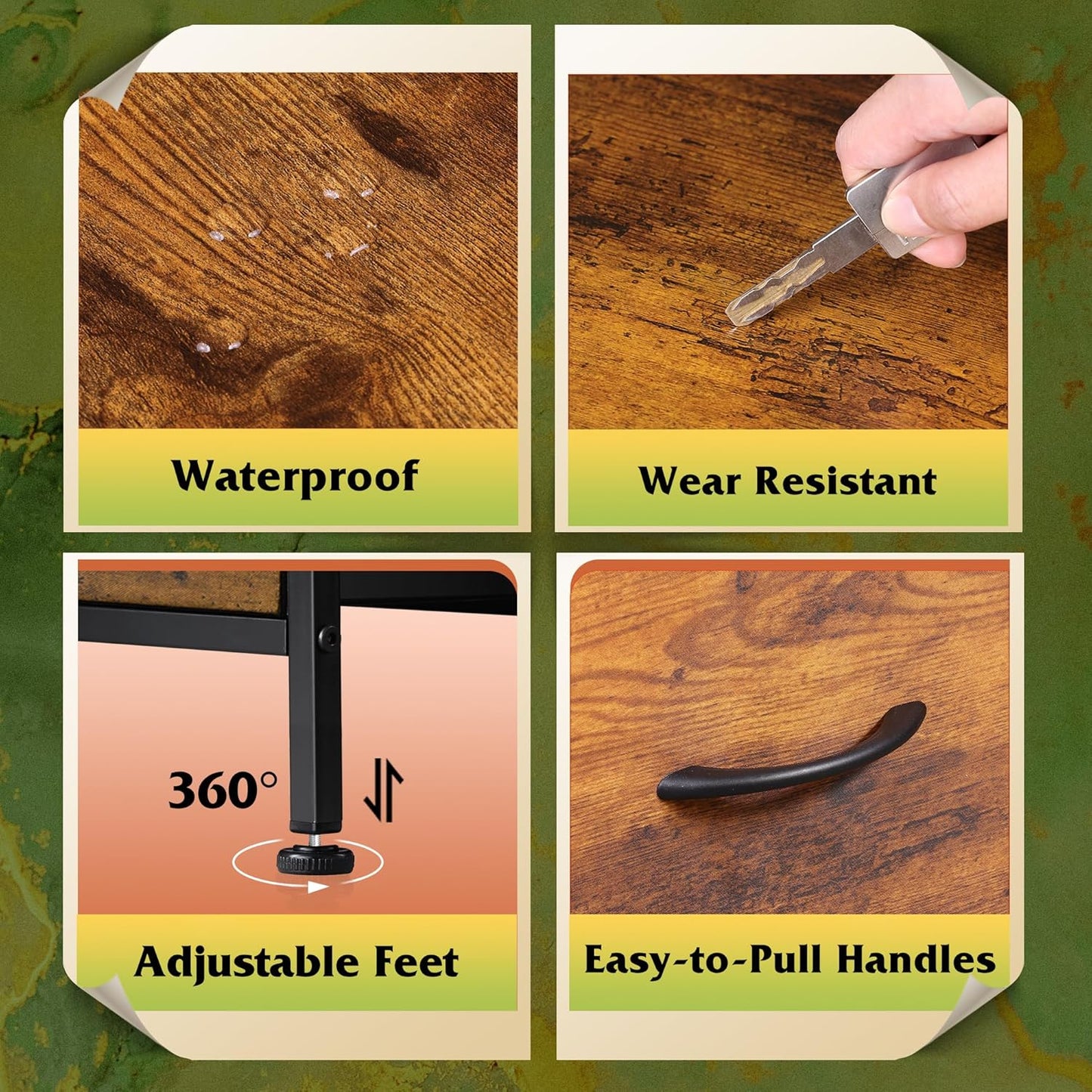 WLIVE Dresser with 4 Drawers, Fabric Storage Tower, Organizer Unit for Bedroom, Hallway, Entryway, Closets, Sturdy Steel Frame, Wood Top, Easy Pull Handle, Rustic Brown Wood Grain Print