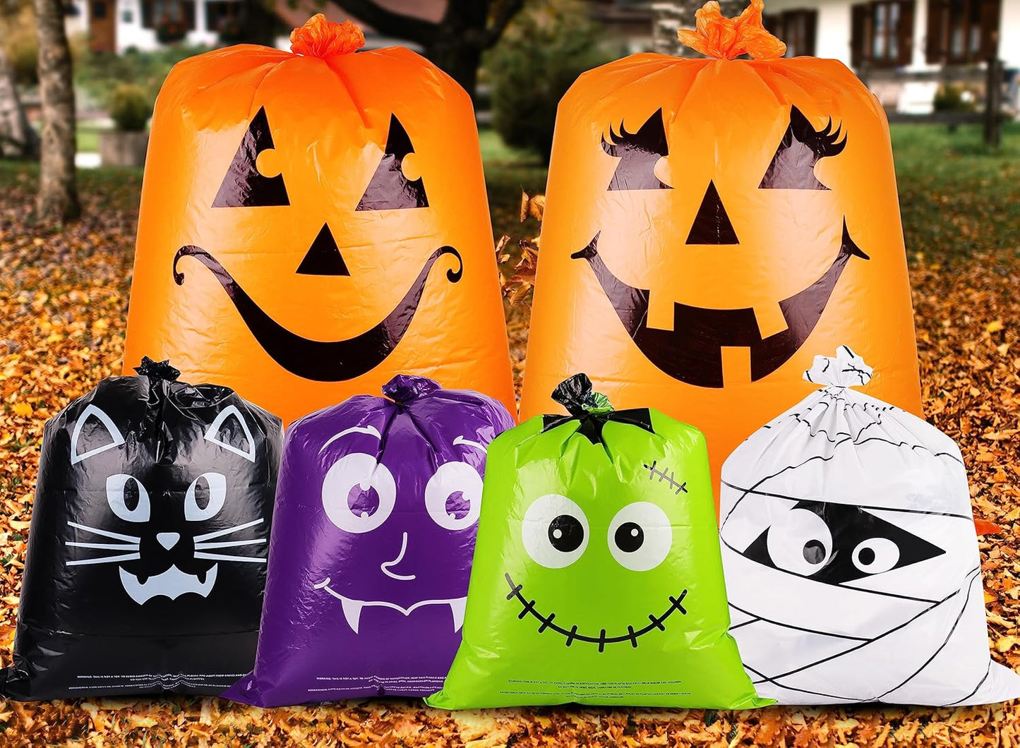 POPGIFTU 12 Pack Halloween Lawn Leaf Bags - Heavy Duty Plastic Trash Bags with Twist Ties, 6 Designs Large Pumpkin Yard Waste Bags for Garden, Lawn, Porch, Indoor Outdoor Halloween Decorations