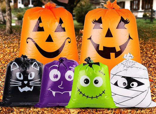 POPGIFTU 12 Pack Halloween Lawn Leaf Bags - Heavy Duty Plastic Trash Bags with Twist Ties, 6 Designs Large Pumpkin Yard Waste Bags for Garden, Lawn, Porch, Indoor Outdoor Halloween Decorations
