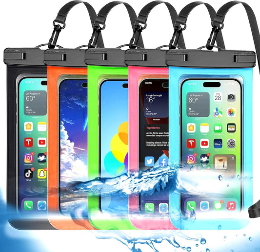 5 Pack Multicolor Universal Waterproof Phone Pouch, Phone Waterproof Case Dry Bag (Protection Level: IP68) Outdoor Sports for Apple iPhone,Samsung,and More(Black,Blue,Pink,Orange,Green)