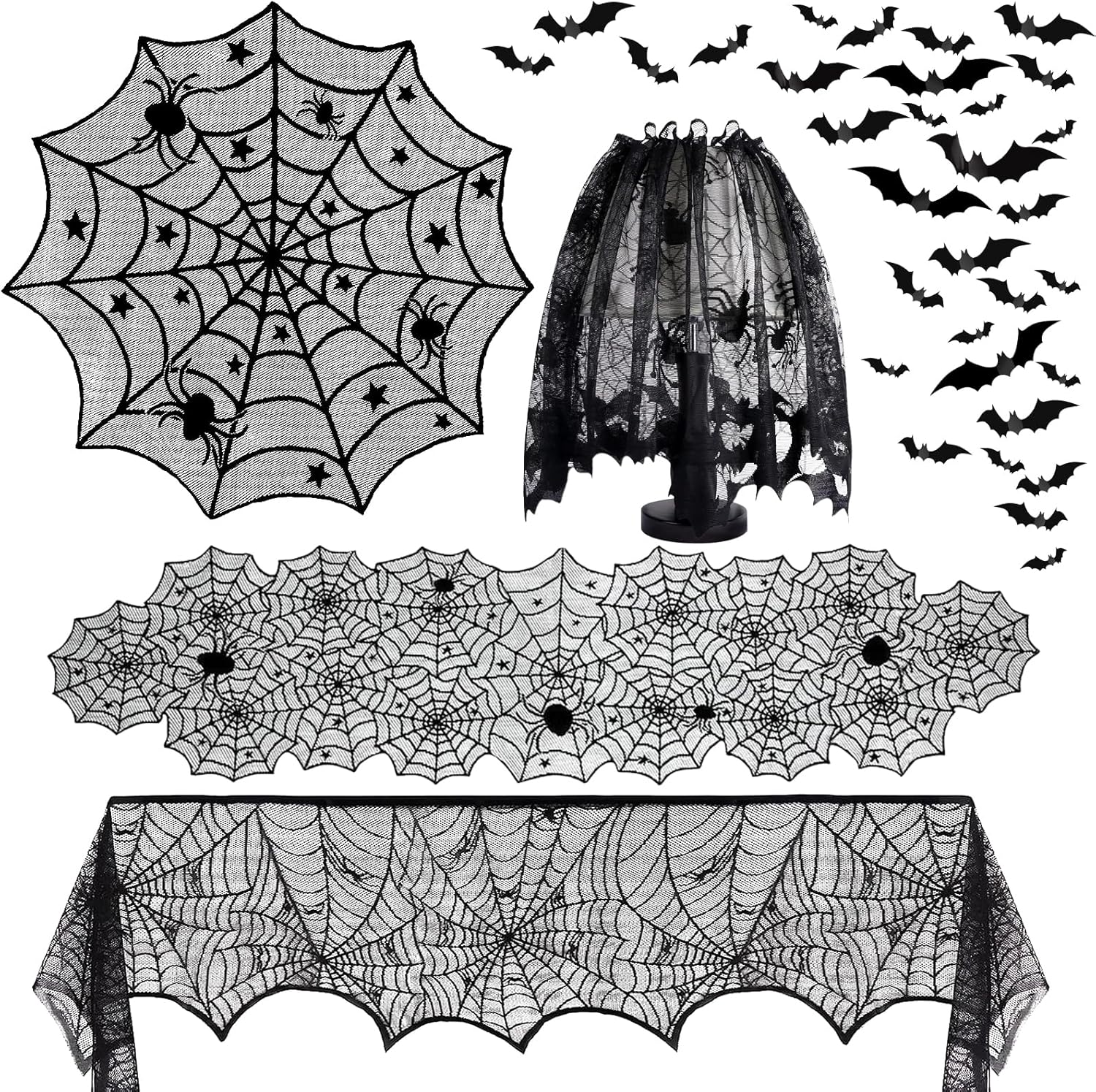 5Pack Halloween Decorations Indoor Halloween Spider Web Tablecloth Table Runners Fireplace Mantel Scarf Cobweb Lampshade Scary 3D Bats for Halloween Spooky Home Decor