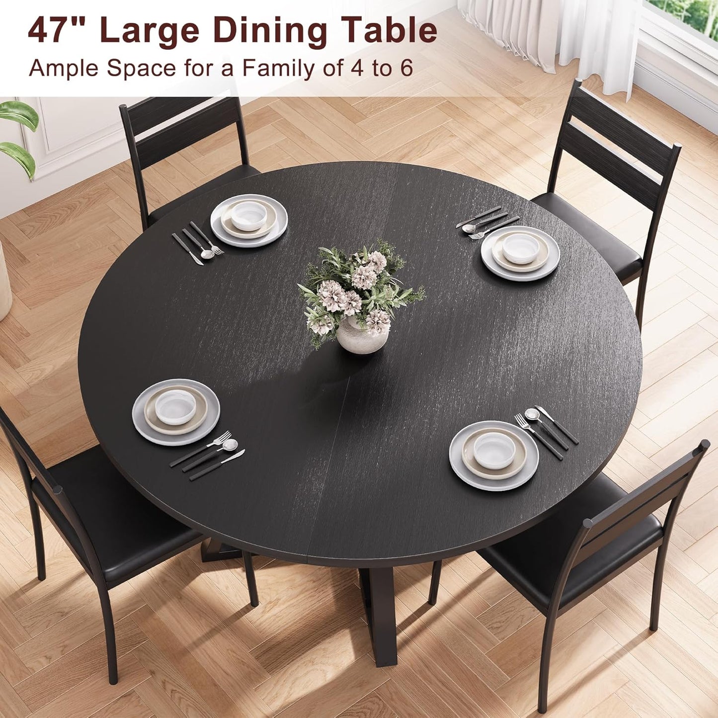 Round Dining Table for 4,Kitchen Dining Room Circle Dinner Pedestal Table,Space Saving Wood Kitchen & Dining Room Furniture (Black, 47In)