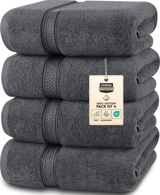 Utopia Towels 4 Pack Premium Bath Towels Set, 27 by 54 Inches, 100% Ring Spun Cotton 600GSM, Lightweight and Highly Absorbent Quick Drying Towels, Perfect for Daily Use, Grey