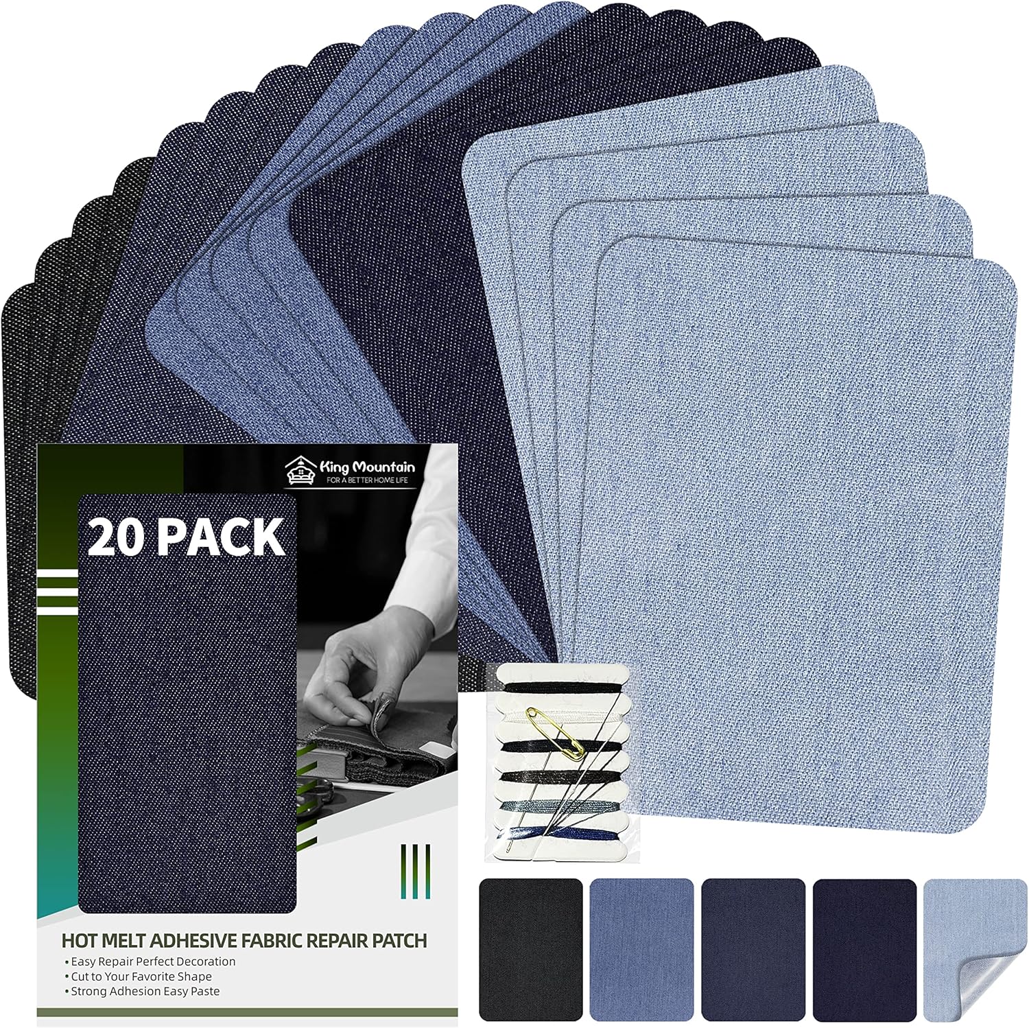 KING MOUNTAIN Iron-on Repair Patch 20 Pcs Pack,Denim Patches for Jeans Kit 3" by 4-1/4", 100% Cotton Denim Iron-on Repair Patch,Jeans and Clothing Repair and Decoration Kit (Five Color)