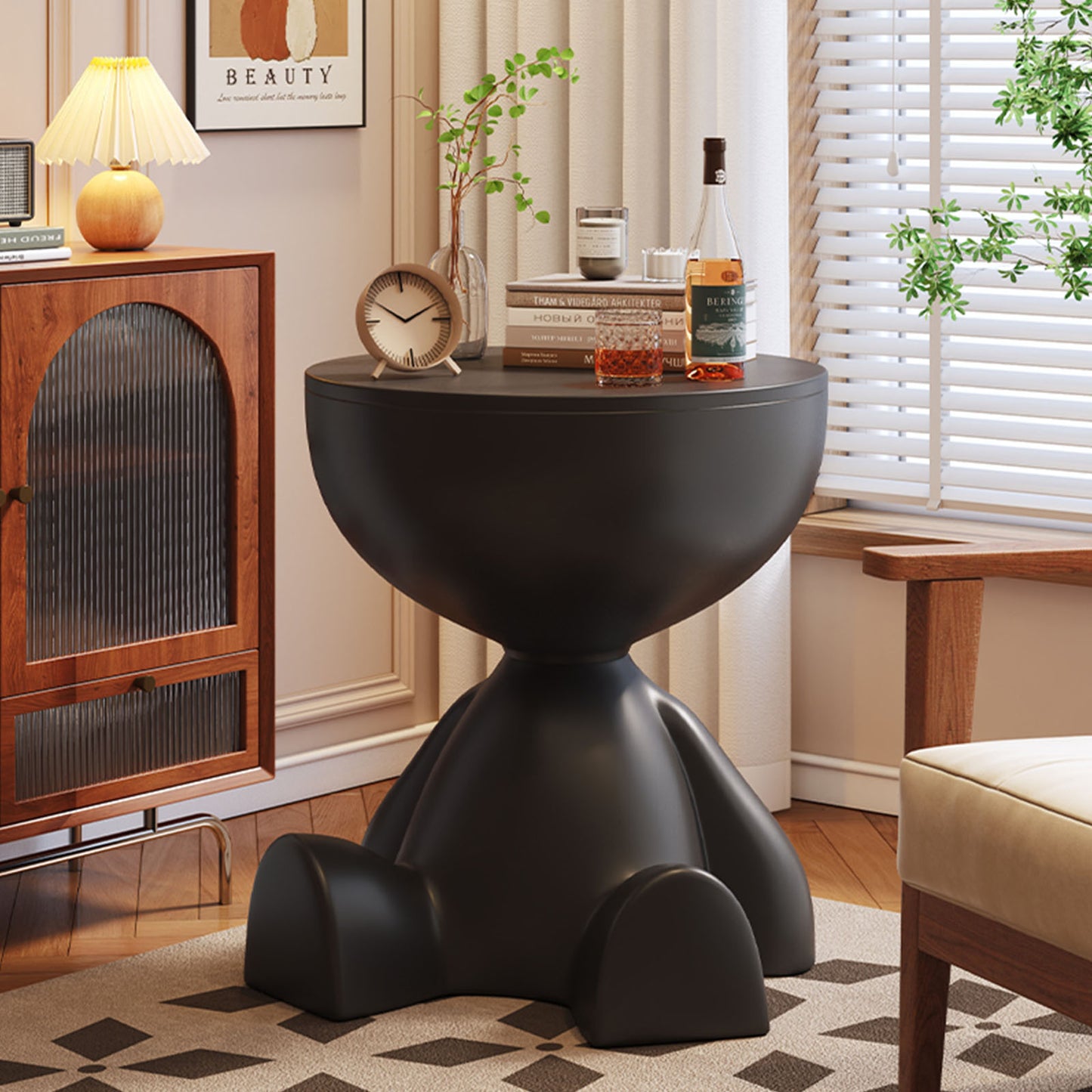 Mini Circle Side Table, Small Modern Bowl-Shaped Coffee Table, Sofa End Table Nightstand , Modern Bedside Home Decor for Living Room, Bedroom，Living Room (Black)